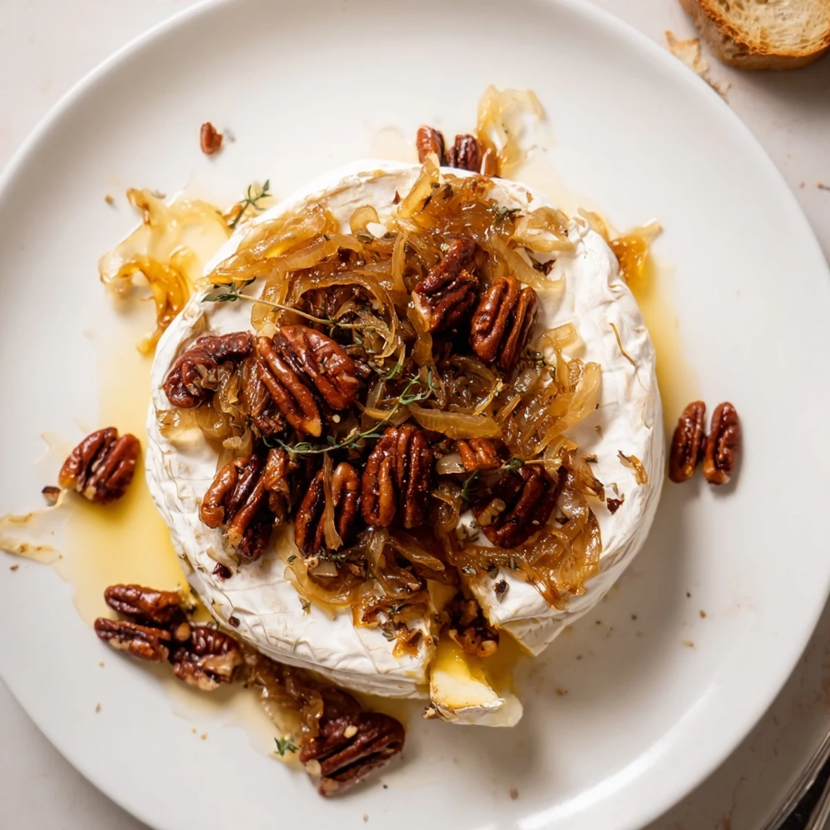 Warm Baked Brie With Caramelized Onions And Pecans rich, melty center, honey drizzle optional