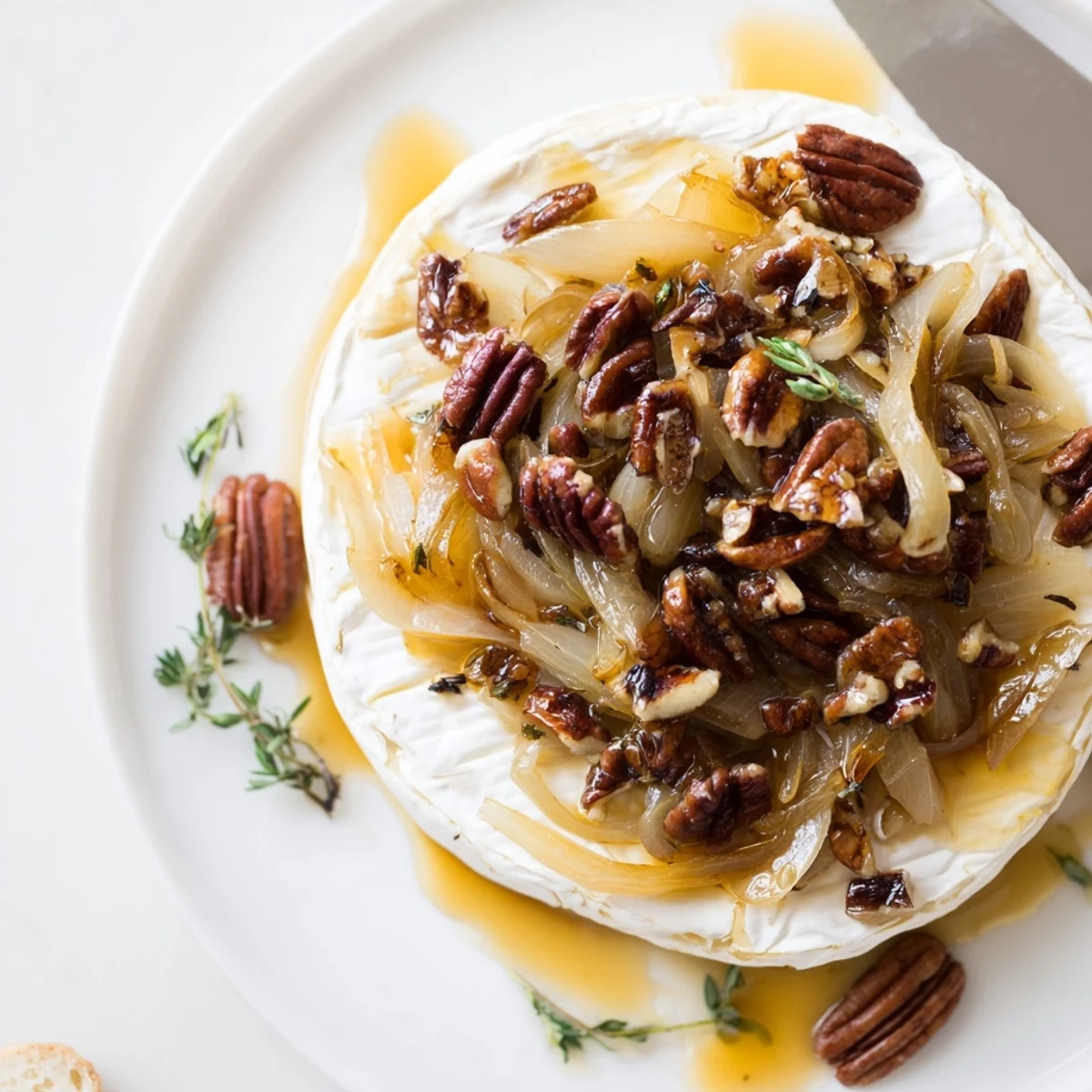 Guests dipping crackers into Baked Brie With Caramelized Onions And Pecans, sweet-savory aroma