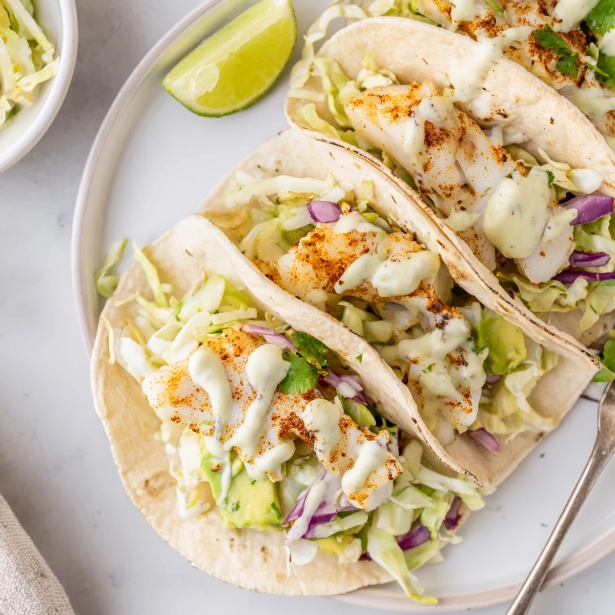 Baked Cod Fish Tacos with Creamy Cilantro Lime Sauce drizzled over flaky cod
