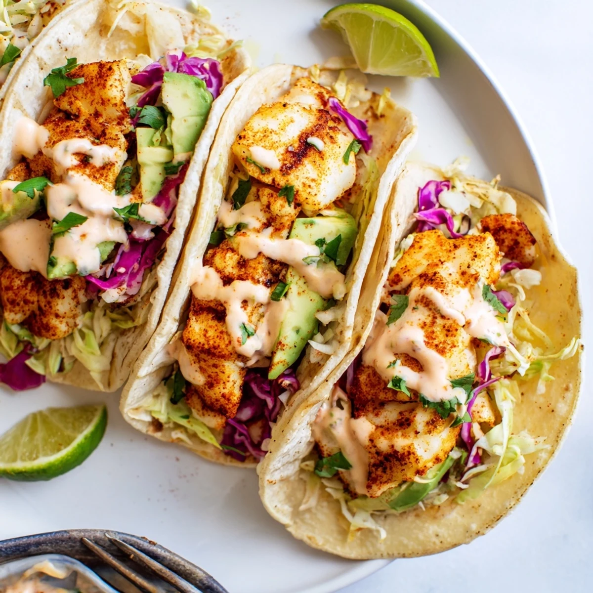 Crisp slaw and avocado atop Baked Cod Fish Tacos with Creamy Cilantro Lime Sauce
