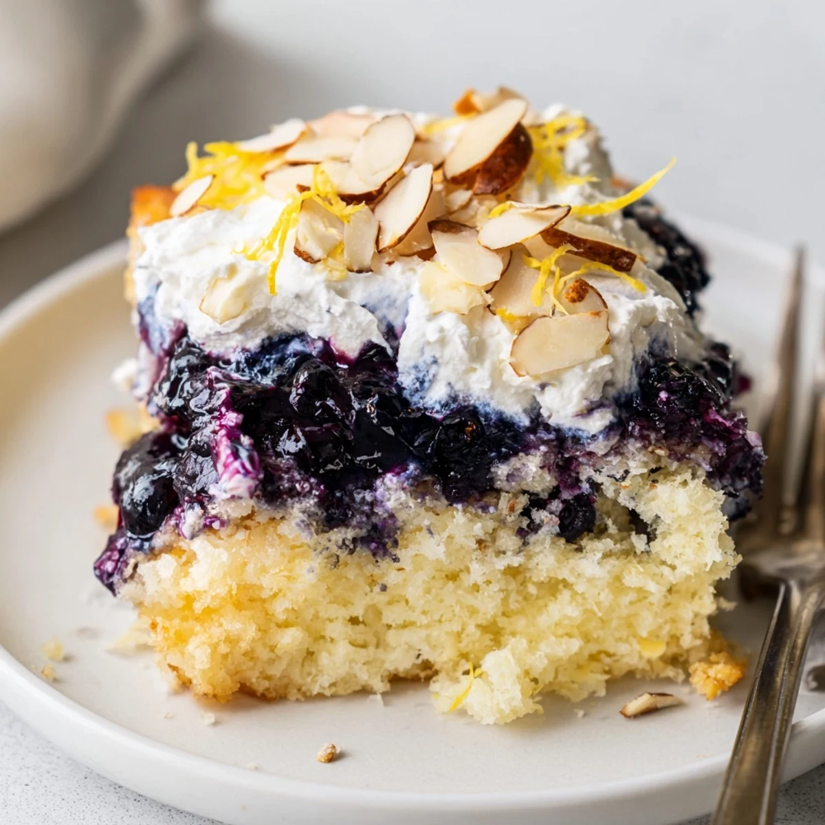 Lemon Blueberry Poke Cake With Almond Topping, glossy blueberry pockets and toasted almonds