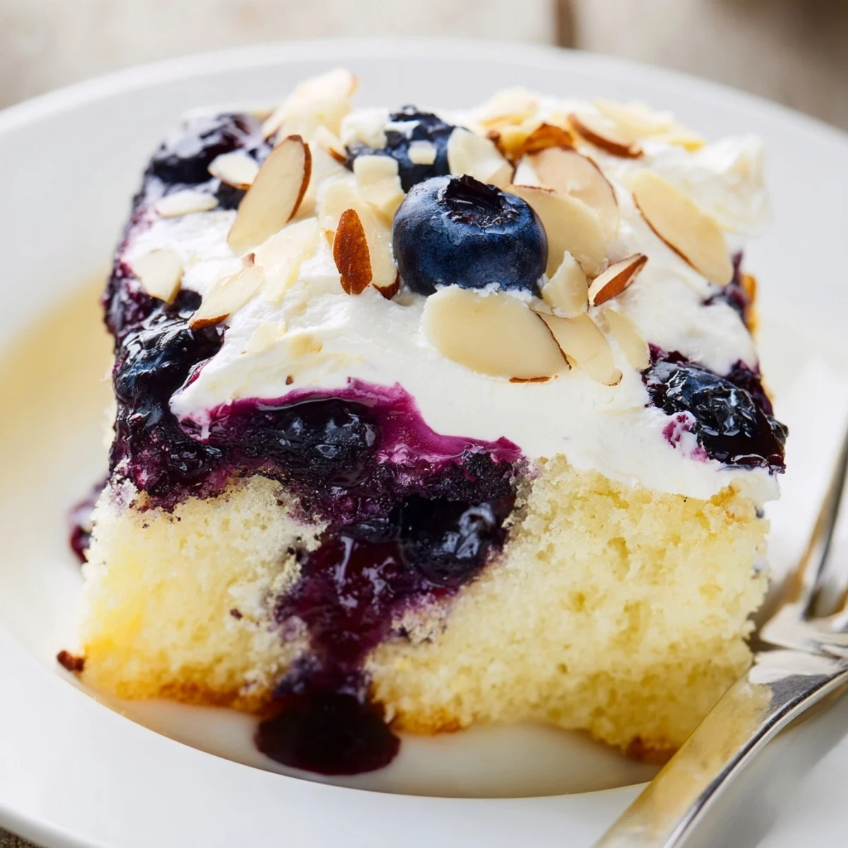 Chilled Lemon Blueberry Poke Cake With Almond Topping, creamy almond frosting and berries