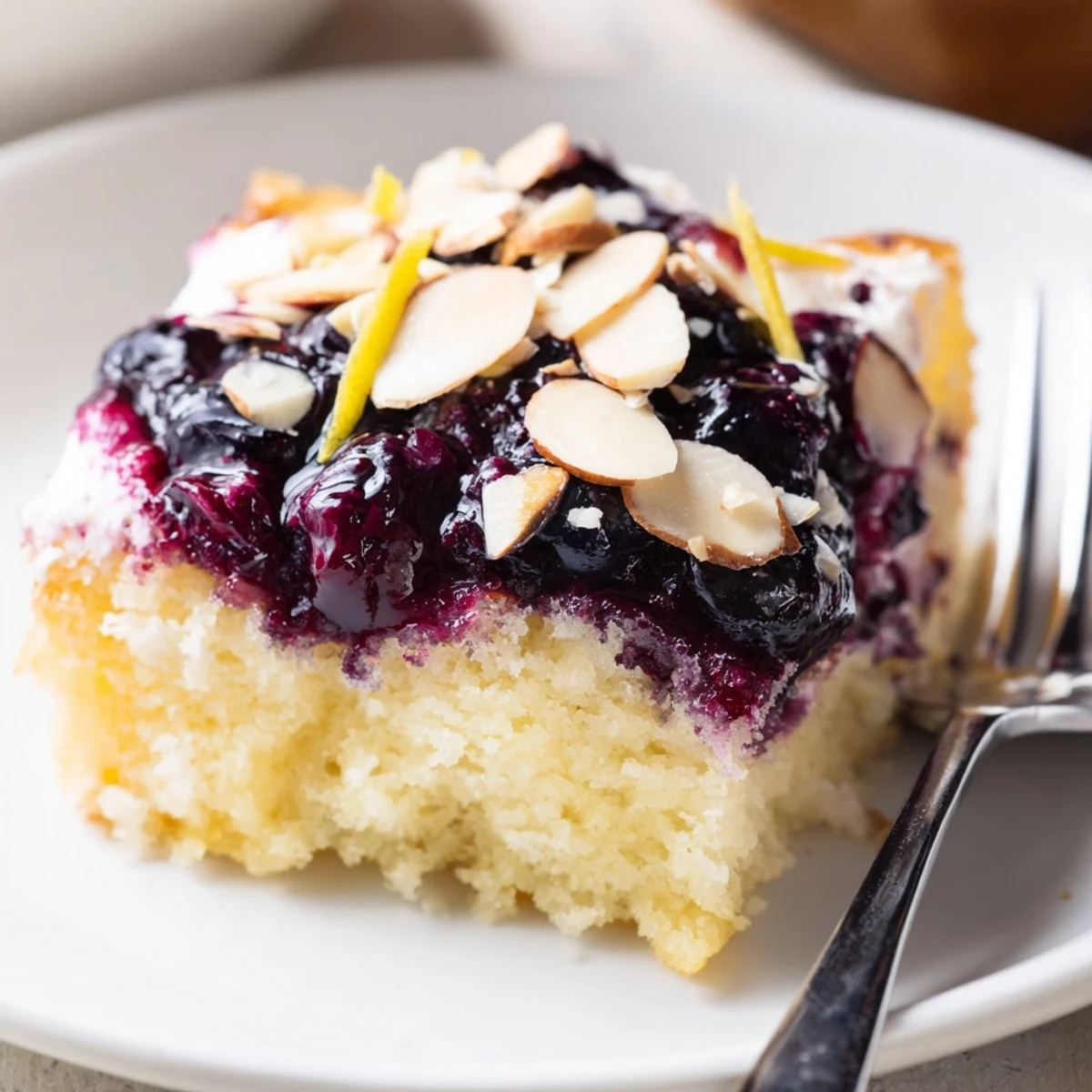 Fork-sliced Lemon Blueberry Poke Cake With Almond Topping, moist crumb and almond crunch