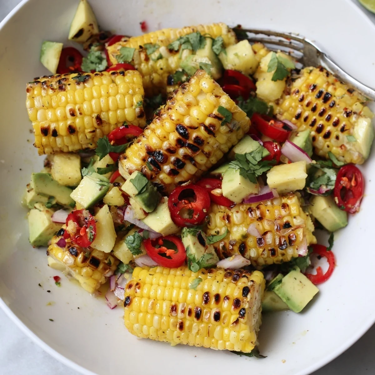 Smoky, sweet Tropical Charred Corn And Avocado Salad served with crisp tortilla chips
