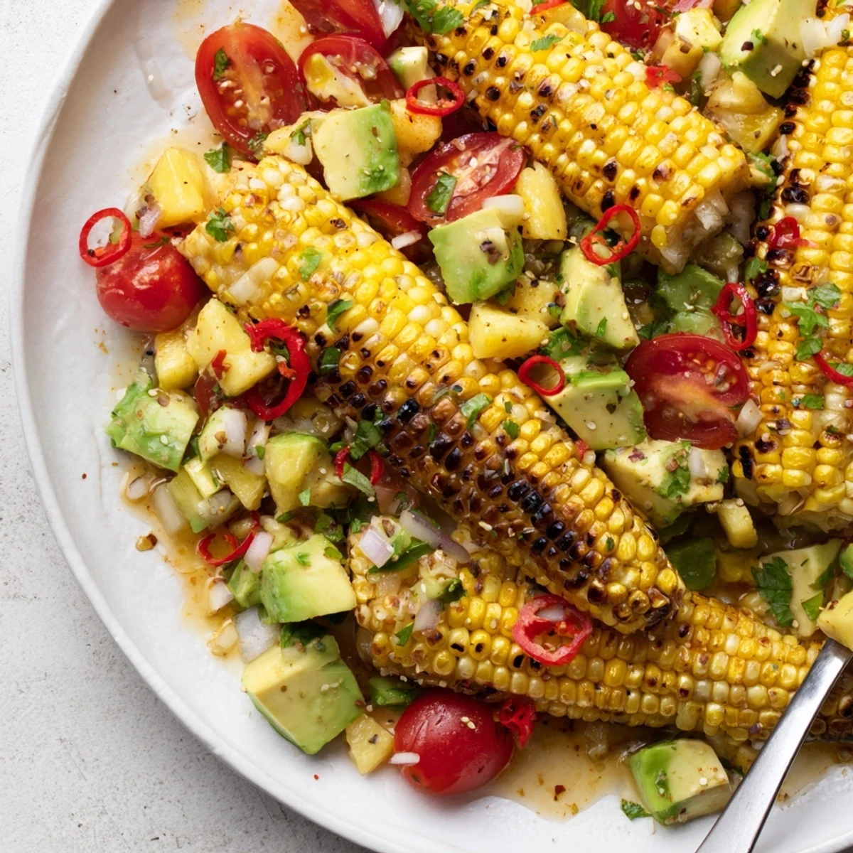 Bright summer Tropical Charred Corn And Avocado Salad with charred kernels and lime