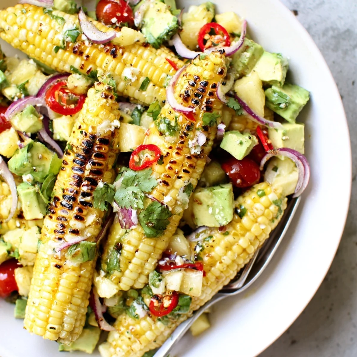 Creamy avocado, juicy pineapple, and lime dressing in Tropical Charred Corn And Avocado Salad