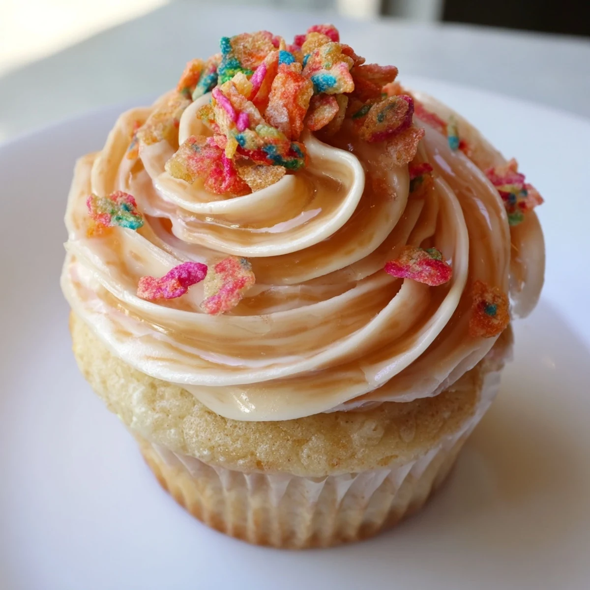 Fruity Pebbles Cereal Frosting spread on vanilla cupcake, colorful crunchy garnish