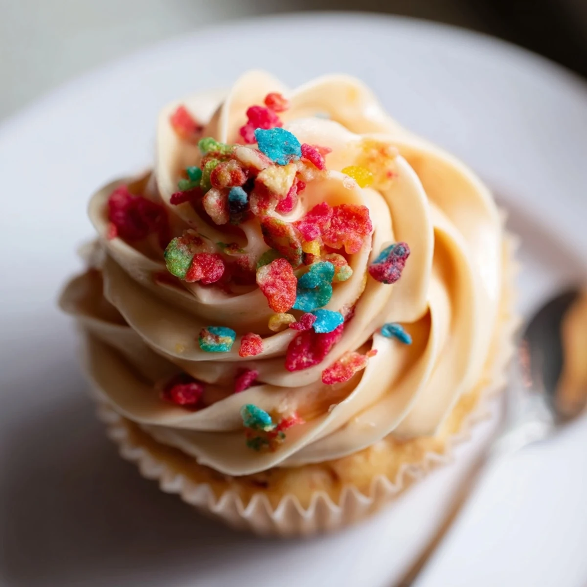 Bright Fruity Pebbles Cereal Frosting bowl with crushed cereal, ready for piping