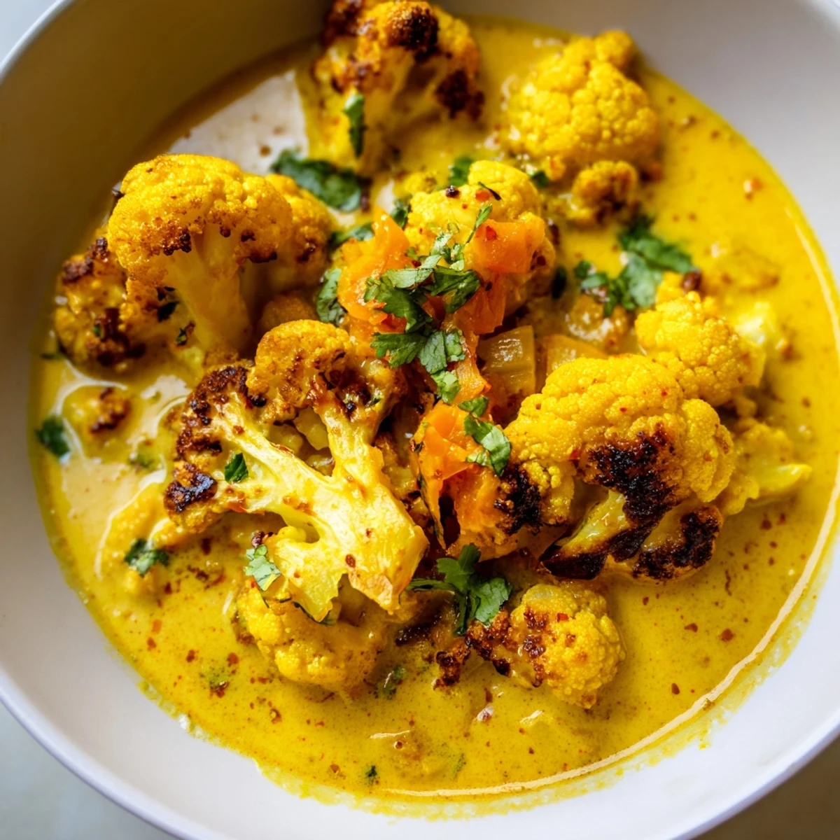 Golden roasted cauliflower simmered in a creamy Greek yogurt cauliflower curry sauce