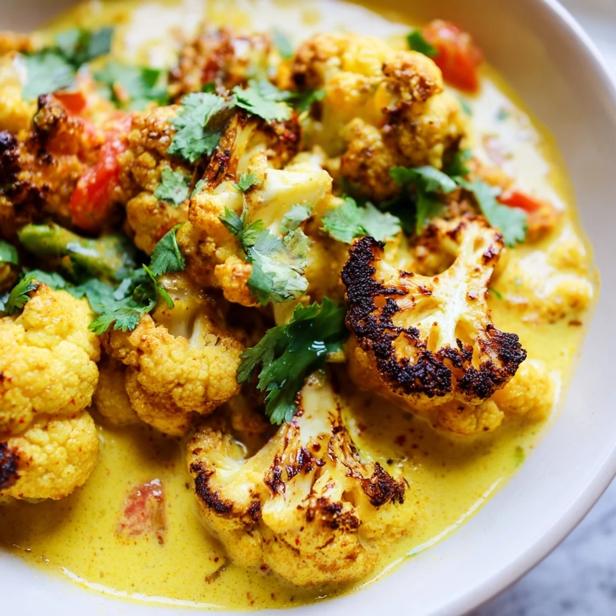 Steaming bowl of Greek yogurt cauliflower curry garnished with fresh cilantro leaves