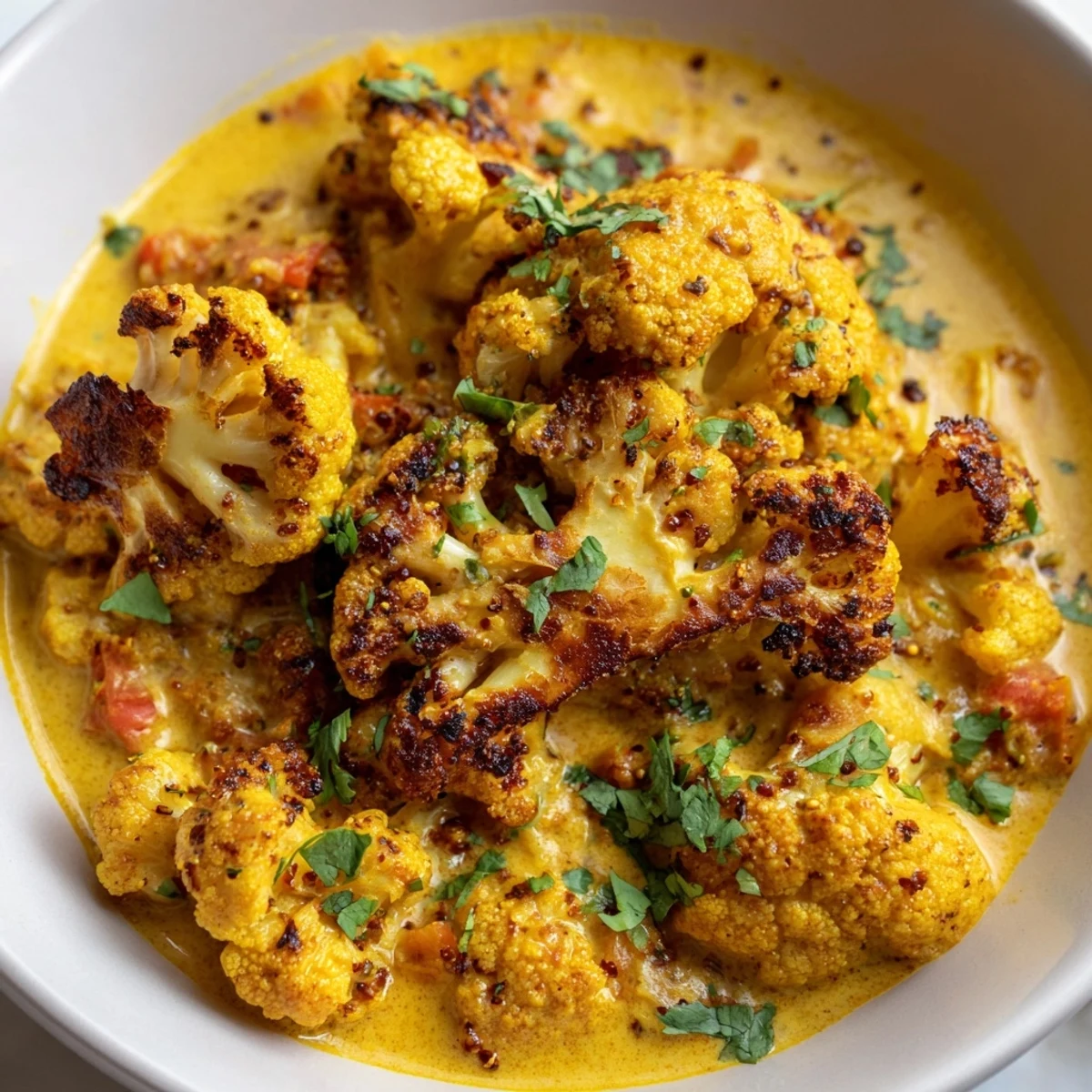 Tender cauliflower florets coated in rich golden Greek yogurt curry served over rice