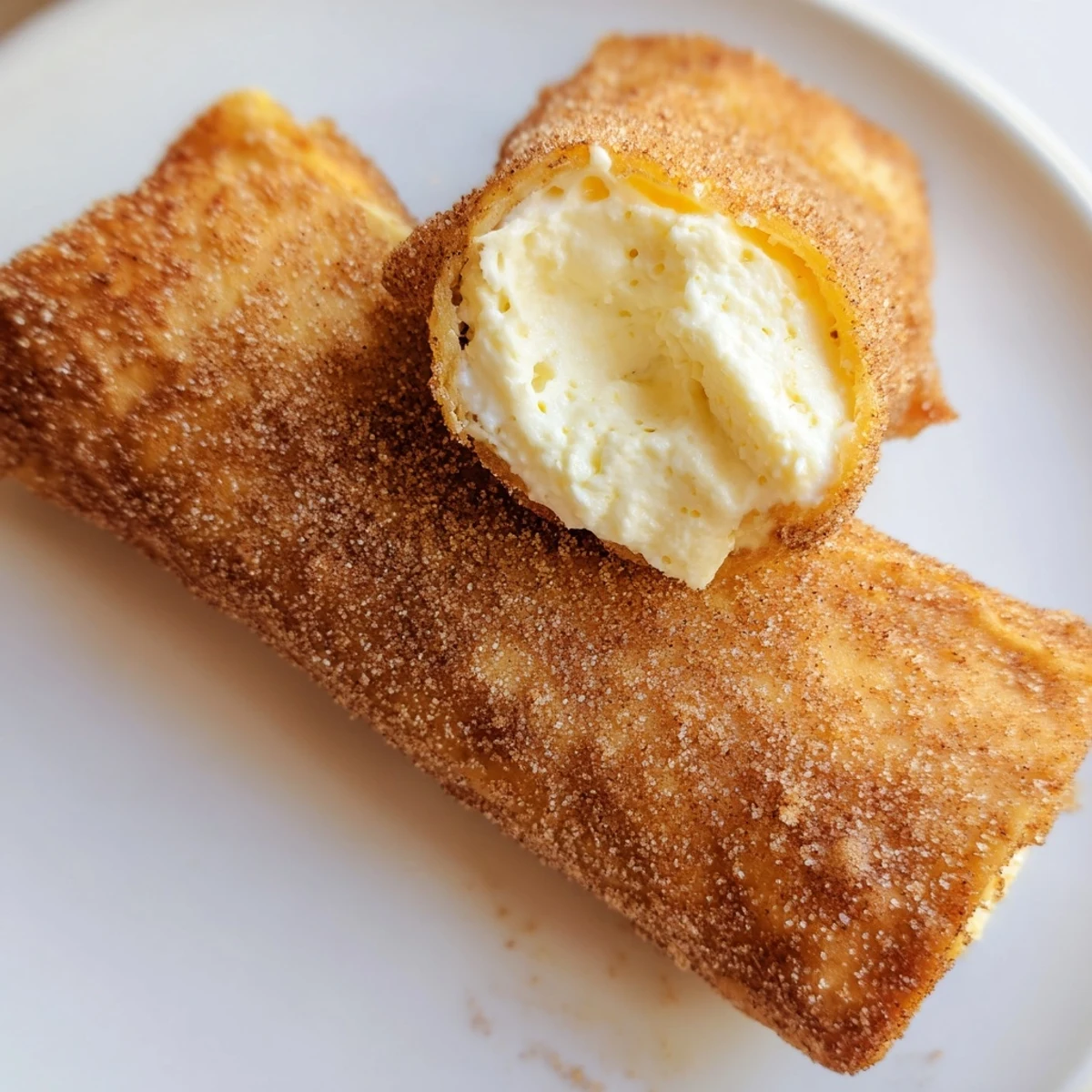Golden crispy cheesecake chimichangas coated in warm cinnamon sugar on a plate