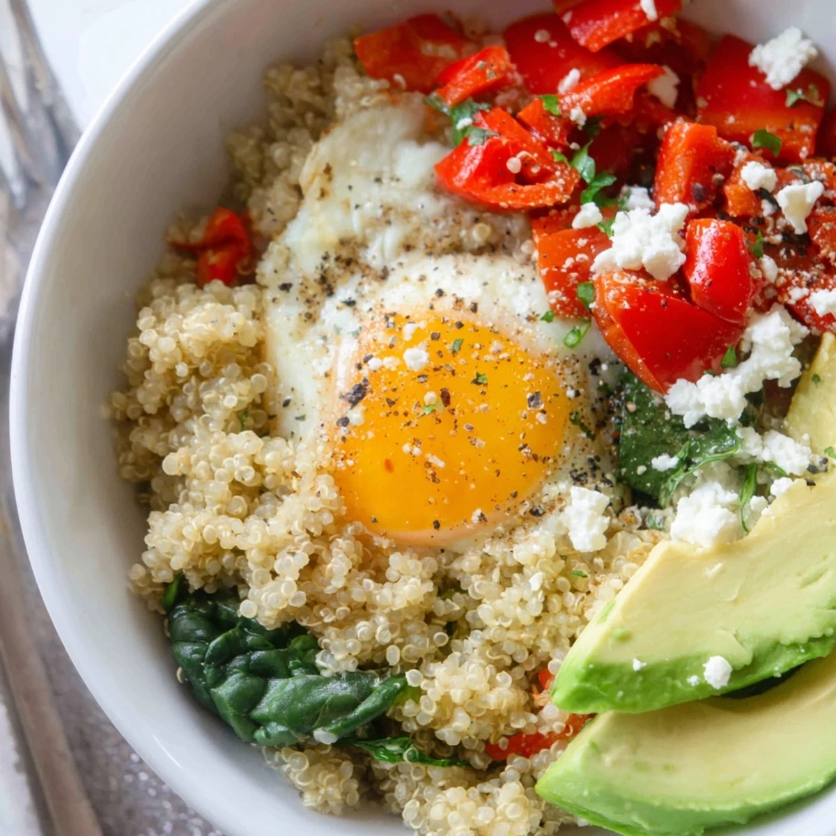 Savory Quinoa Breakfast Bowl topped with a golden fried egg and fresh vegetables