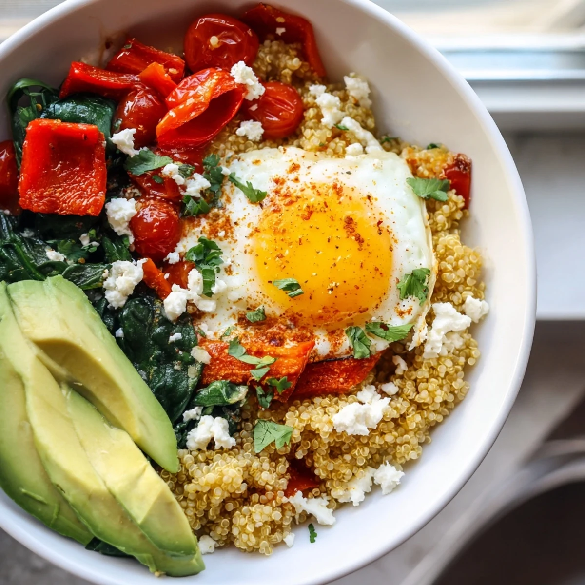 Colorful Savory Quinoa Breakfast Bowl garnished with crumbled feta, parsley, and sliced avocado