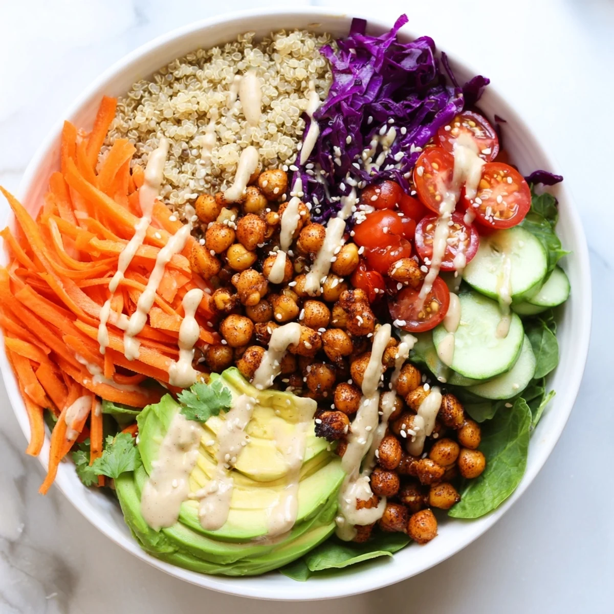 Colorful Buddha Bowl with roasted chickpeas, fresh avocado, and vibrant vegetables drizzled with creamy tahini dressing