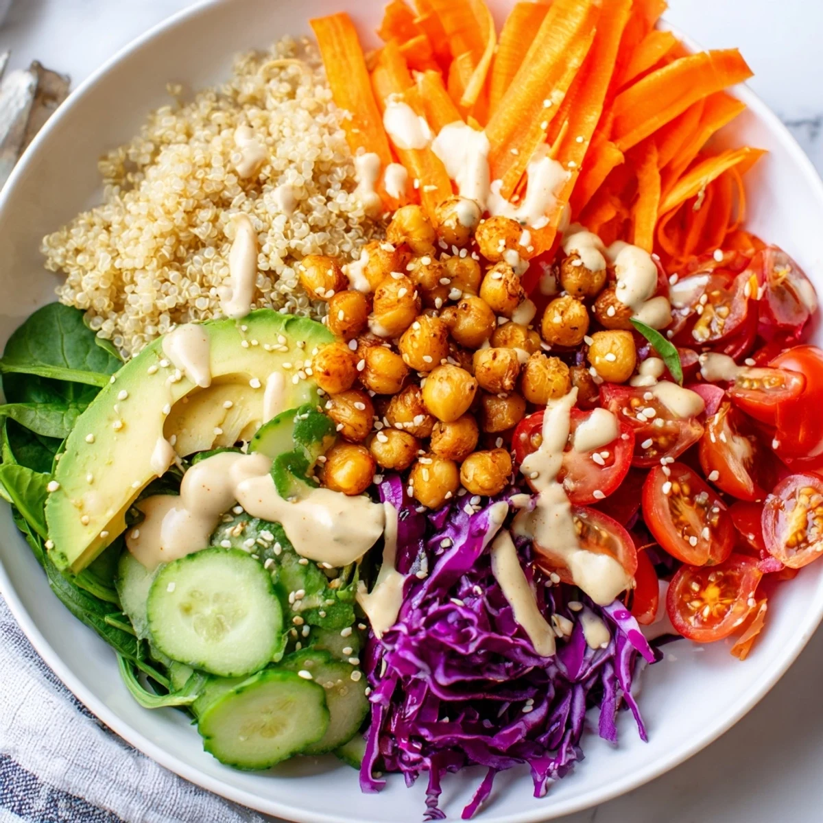 Hearty Buddha Bowl topped with shredded purple cabbage, juicy tomatoes, creamy avocado, and a rich sesame tahini drizzle