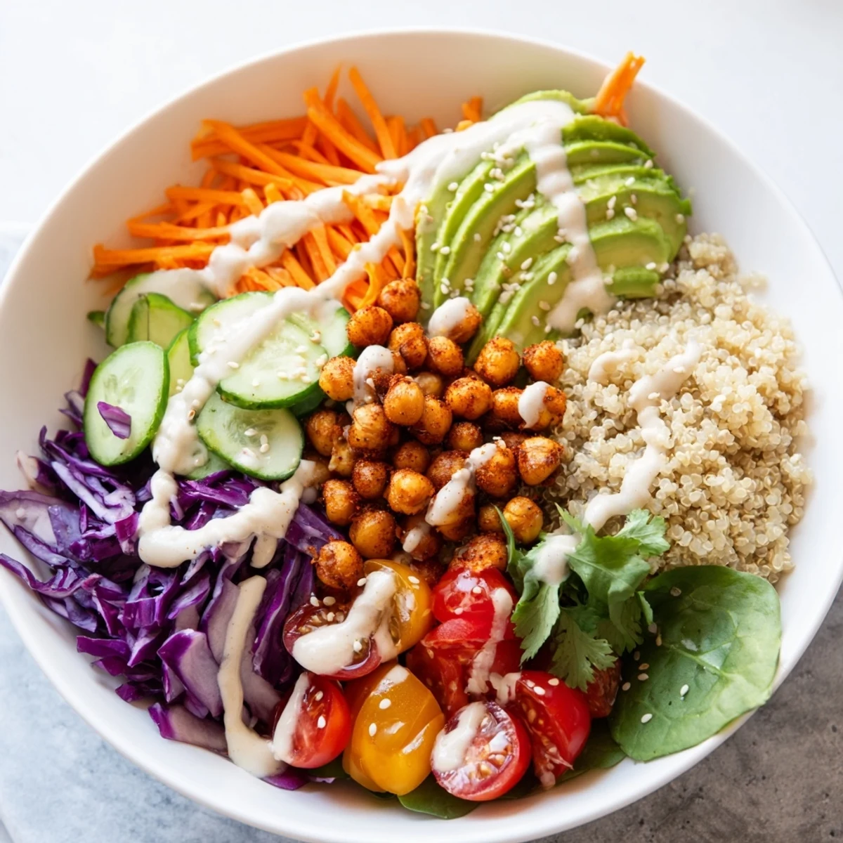 Vibrant Buddha Bowl featuring fluffy quinoa, crisp rainbow vegetables, and golden spiced chickpeas in a rustic ceramic dish