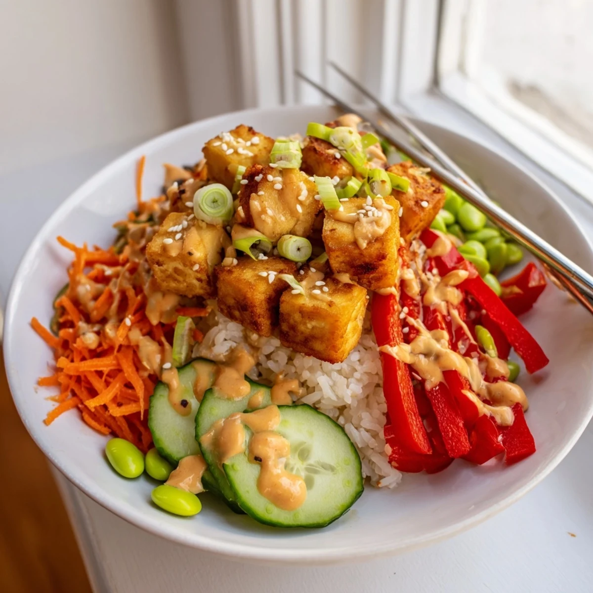 Crispy golden tofu rice bowl drizzled with creamy peanut sauce and colorful vegetables