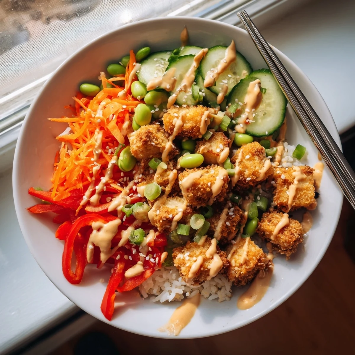 Tofu rice bowl with peanut sauce topped with fresh cucumber, carrot, and edamame