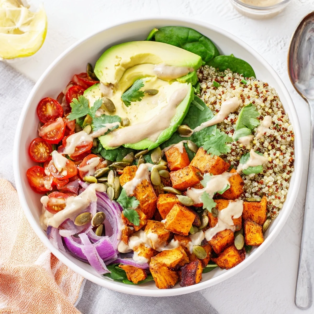 Vibrant sweet potato bowl with roasted cubes, avocado, and creamy tahini dressing drizzled on top