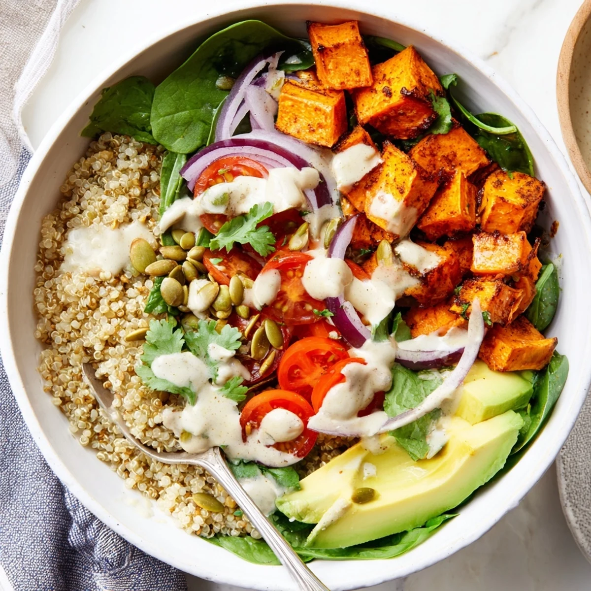 A colorful sweet potato bowl layered over greens with cherry tomatoes, quinoa, and zesty tahini