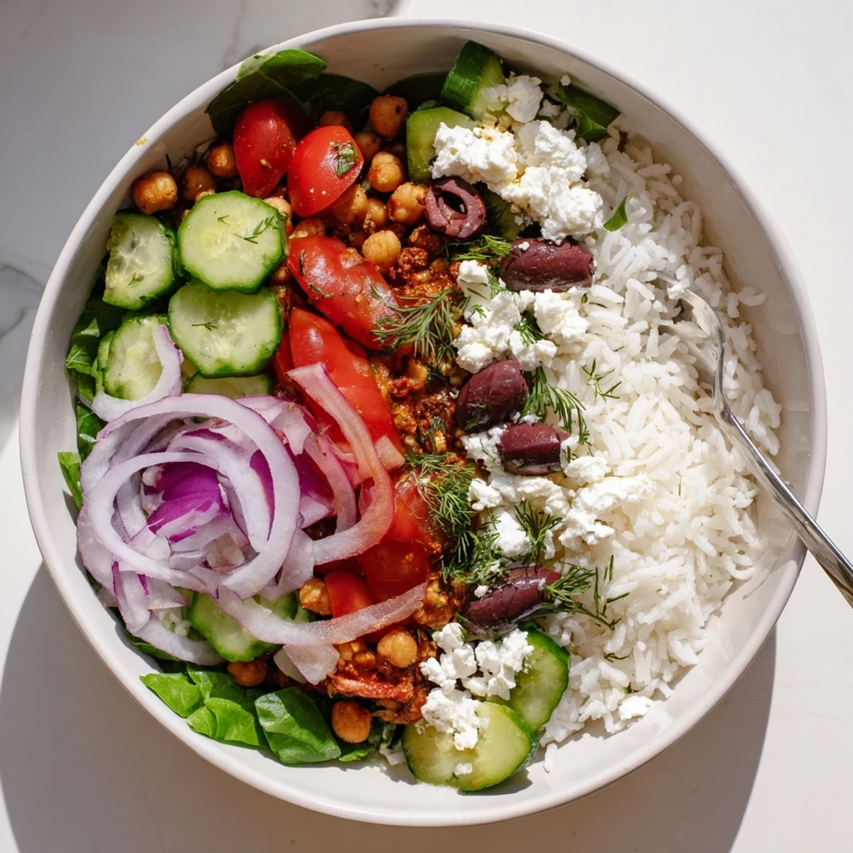 A vibrant Mediterranean rice bowl topped with colorful fresh vegetables, chickpeas, and crumbled feta cheese.
