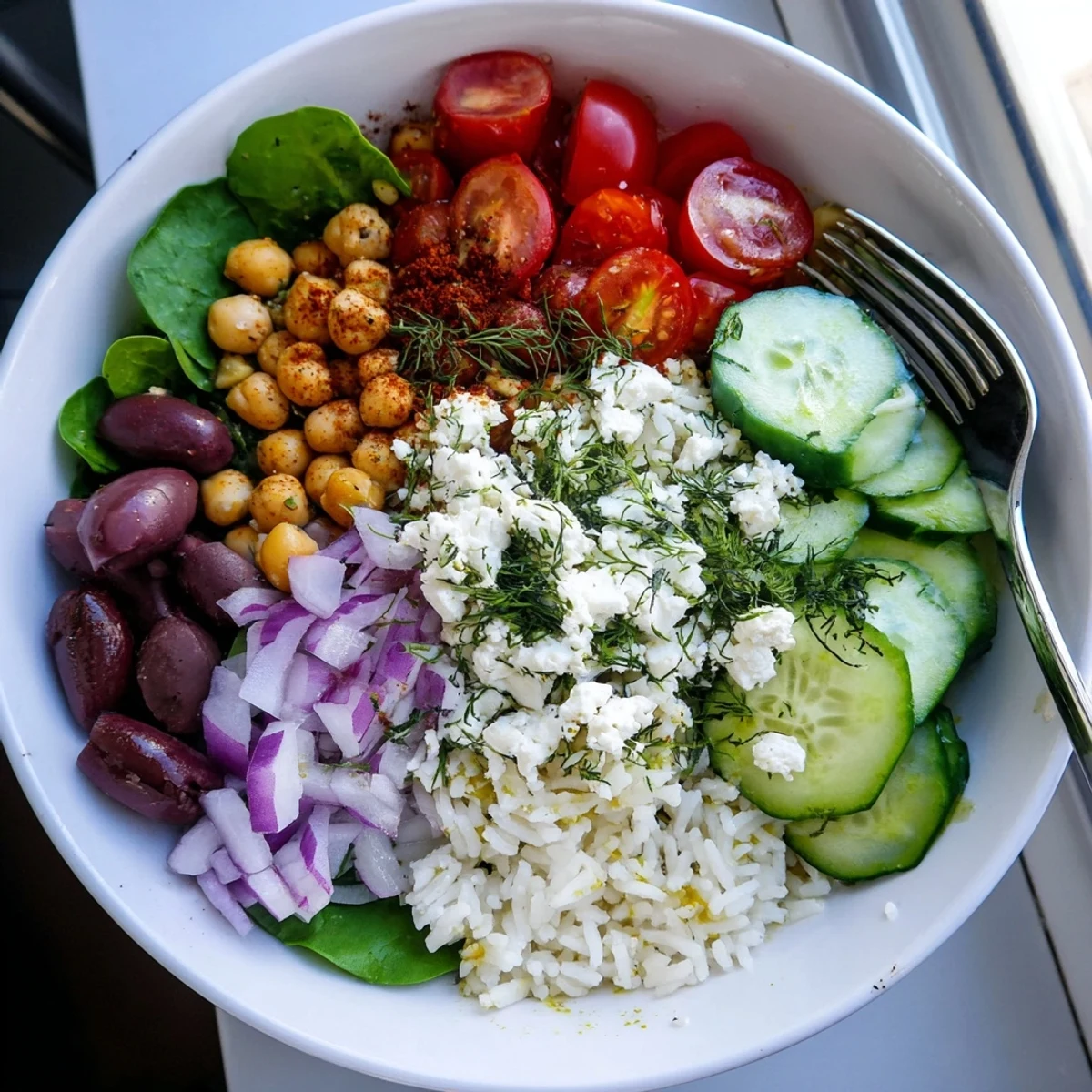 Fluffy seasoned rice layered with cherry tomatoes, olives, cucumber, and herbs in this Mediterranean rice bowl.