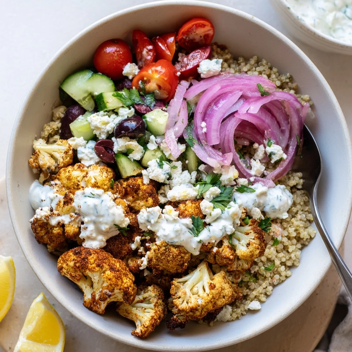 Golden roasted Greek Cauliflower Bowl topped with crumbled feta and creamy tzatziki sauce