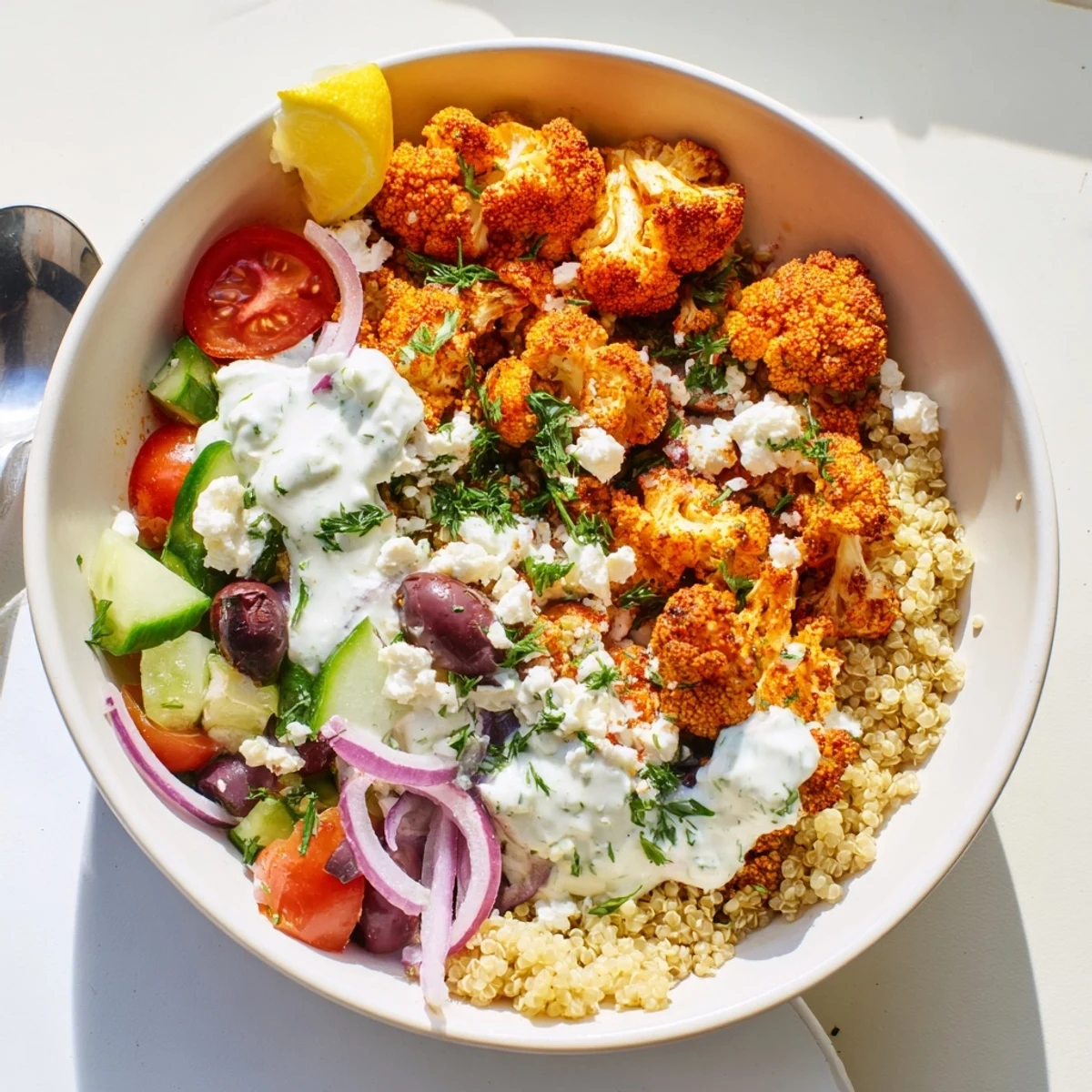 Colorful Greek Cauliflower Bowl with cherry tomatoes, olives, and a cool tzatziki drizzle