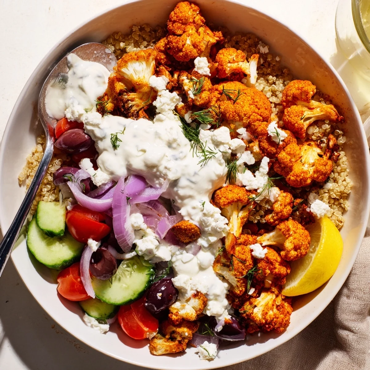 Warm spiced Greek Cauliflower Bowl served over quinoa with fresh herbs and lemon wedge