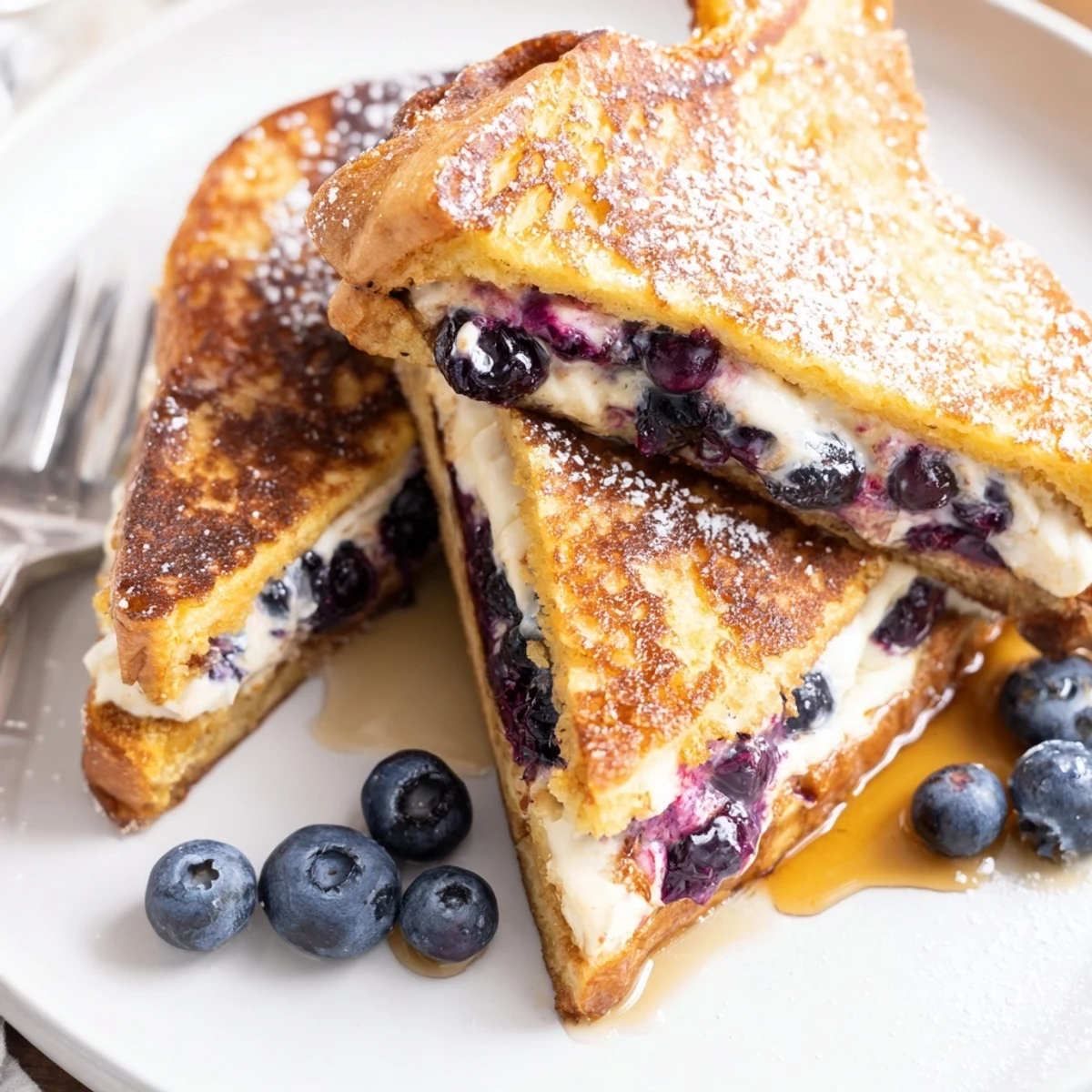 Golden blueberry cheesecake stuffed French toast drizzled with maple syrup on a plate