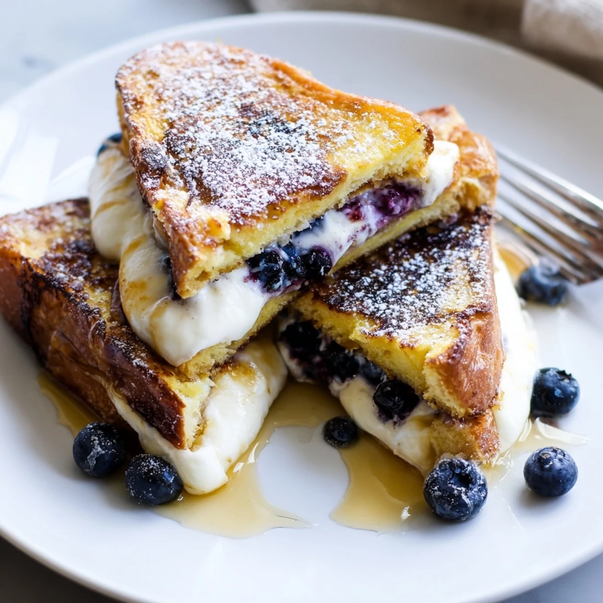 Thick slices of blueberry cheesecake stuffed French toast with powdered sugar and berries