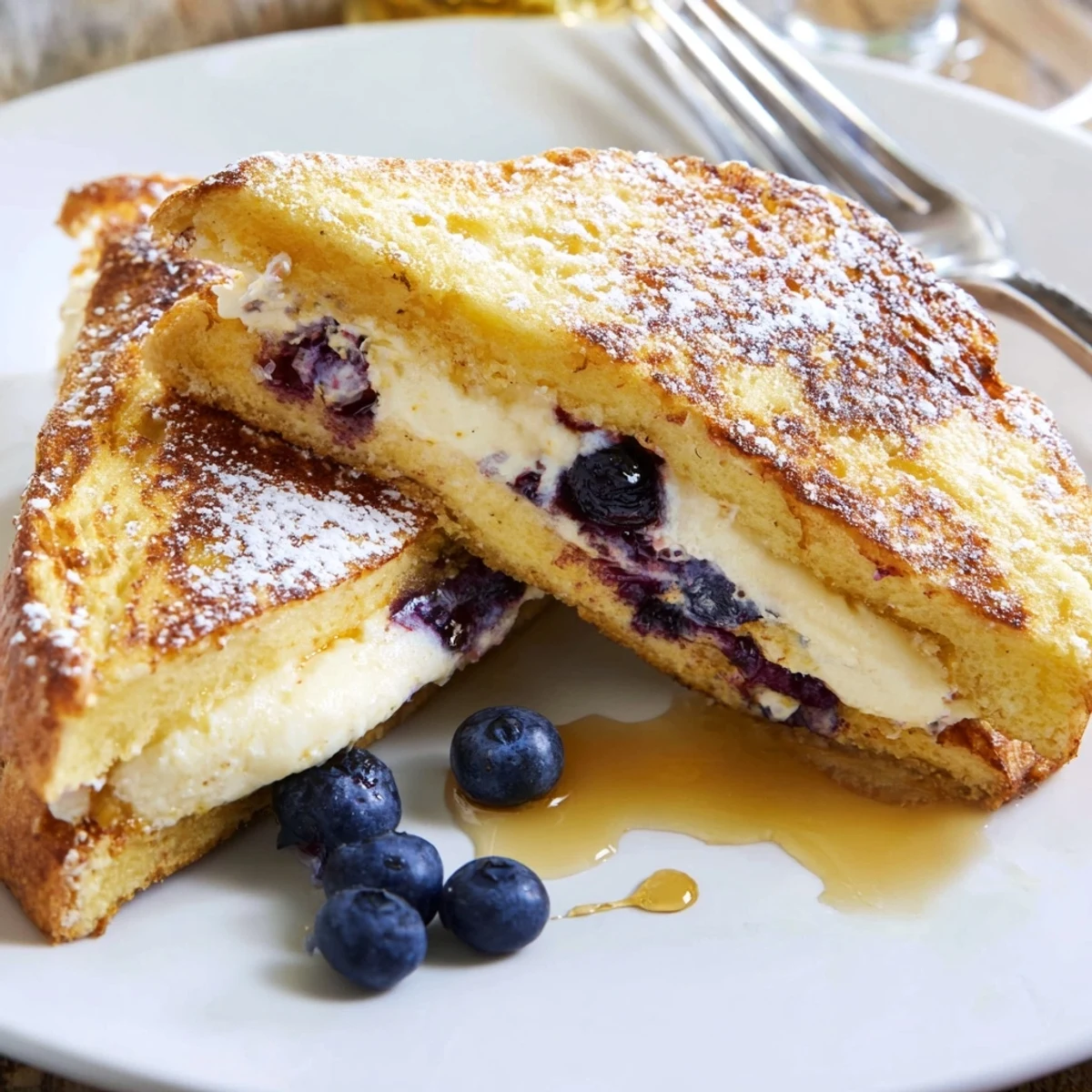 Crispy pan-fried blueberry cheesecake stuffed French toast oozing creamy filling served warm