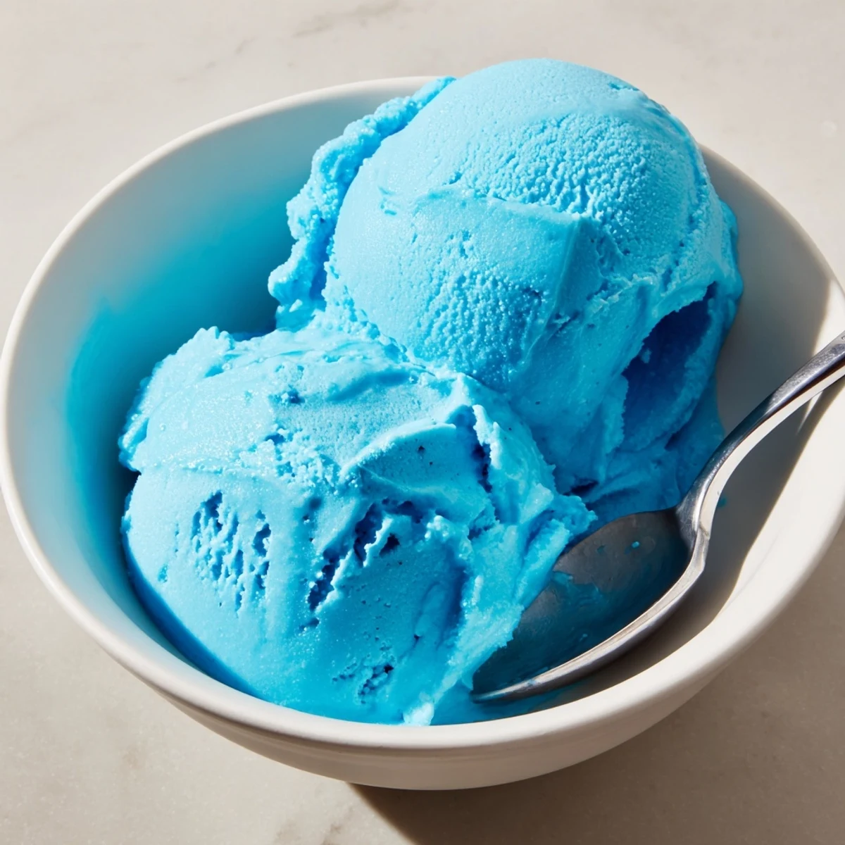 Vibrant blue moon ice cream served in a bowl topped with rainbow sprinkles