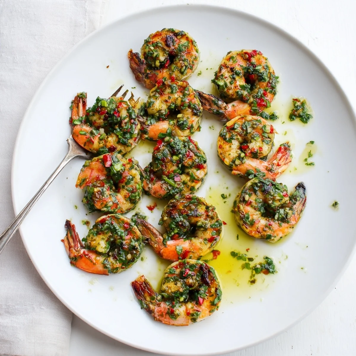 Sizzling chimichurri shrimp with bright green herbs served on a rustic platter
