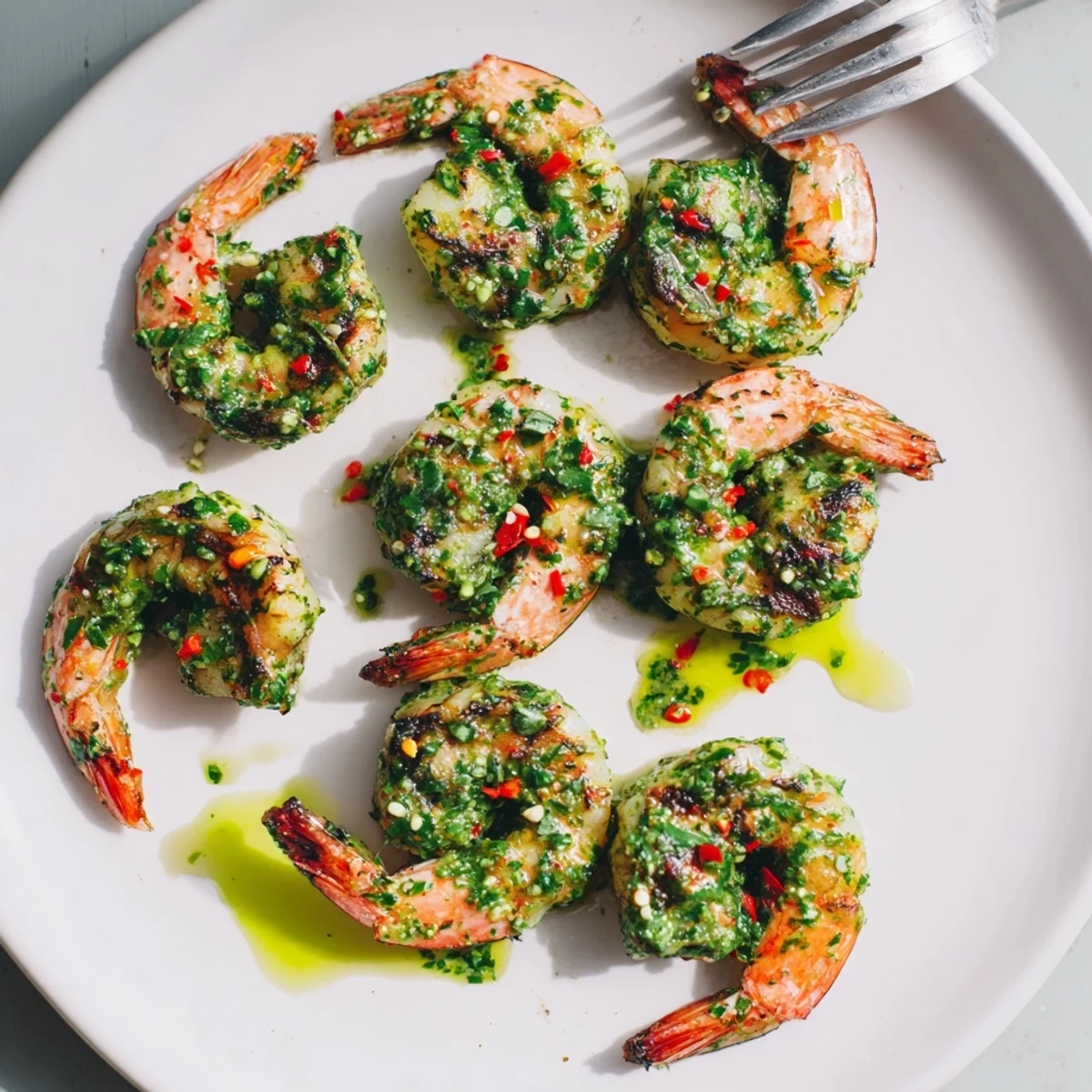 Golden grilled chimichurri shrimp drizzled with vibrant parsley sauce and lemon wedges