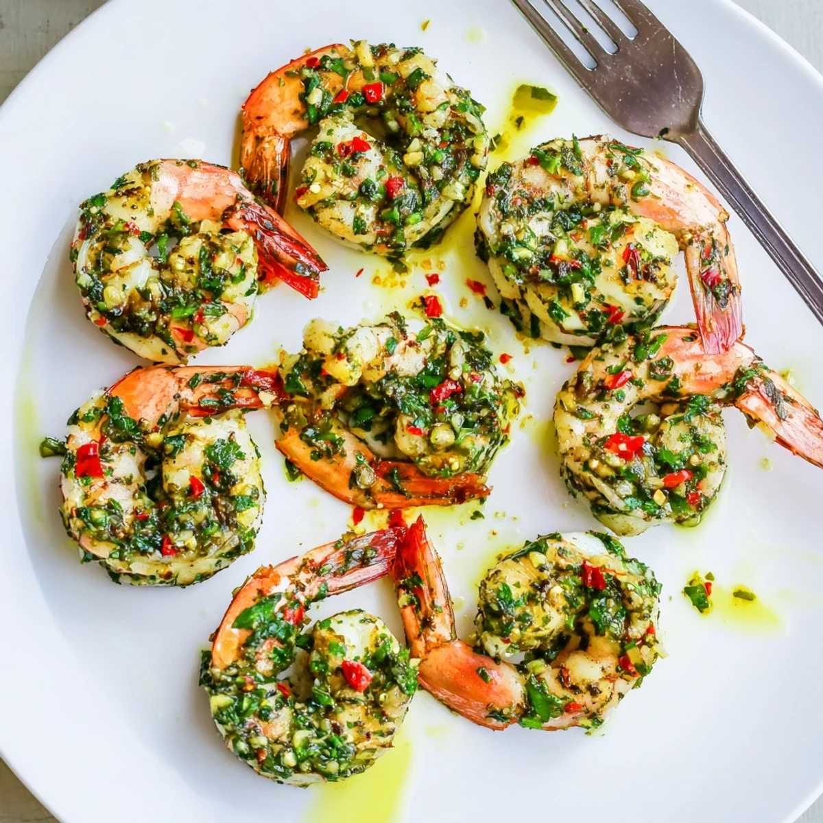 Plump charred chimichurri shrimp skewers topped with fresh garlic herb marinade
