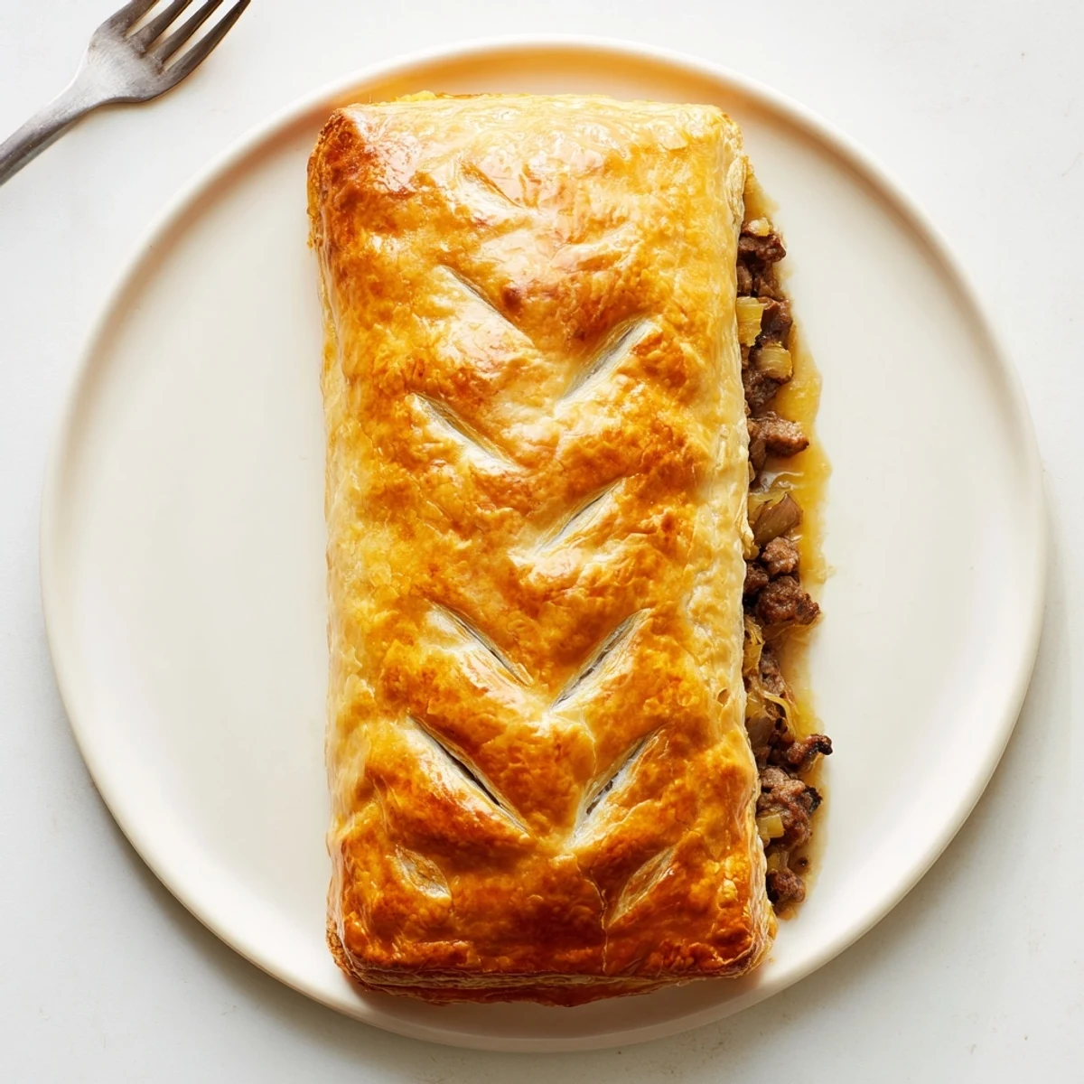 Golden steak and cheese roll with melted cheddar oozing from flaky puff pastry