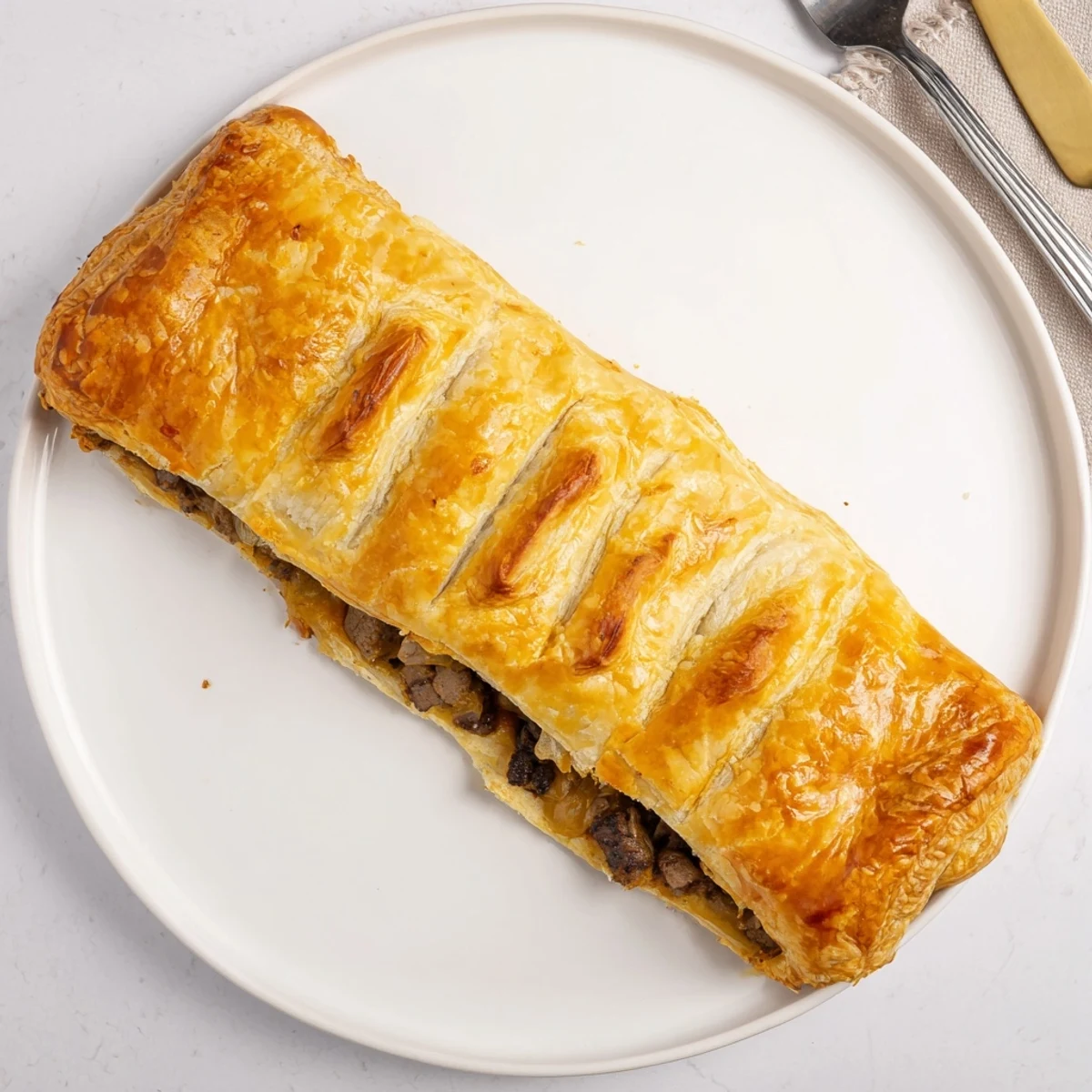 Crispy baked pastry filled with tender steak and melted cheese, served fresh