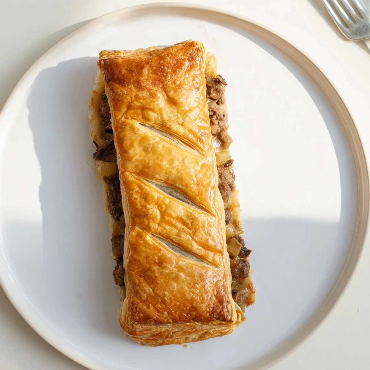 Steak and cheese roll featuring succulent beef and sharp cheddar in golden pastry