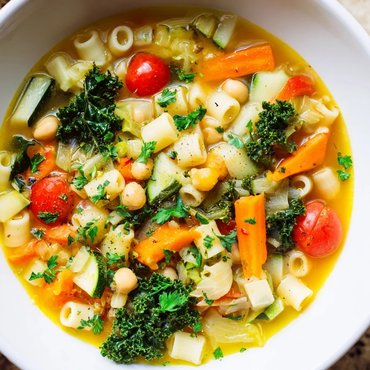Steaming bowl of Vegan Italian Penicillin Soup brimming with colorful vegetables and tender pasta