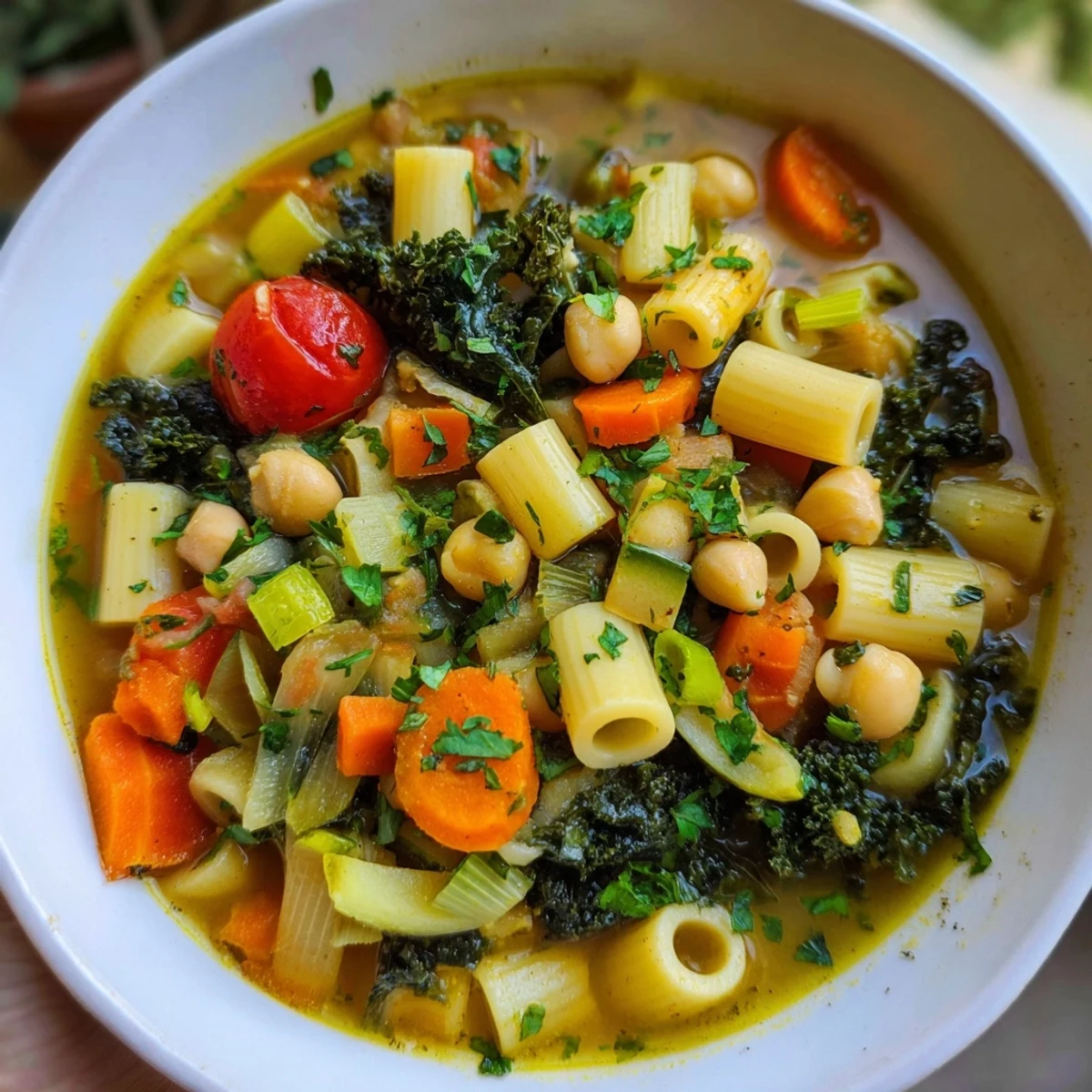 Vegan Italian Penicillin Soup ladled into a rustic mug with fresh parsley and crusty bread