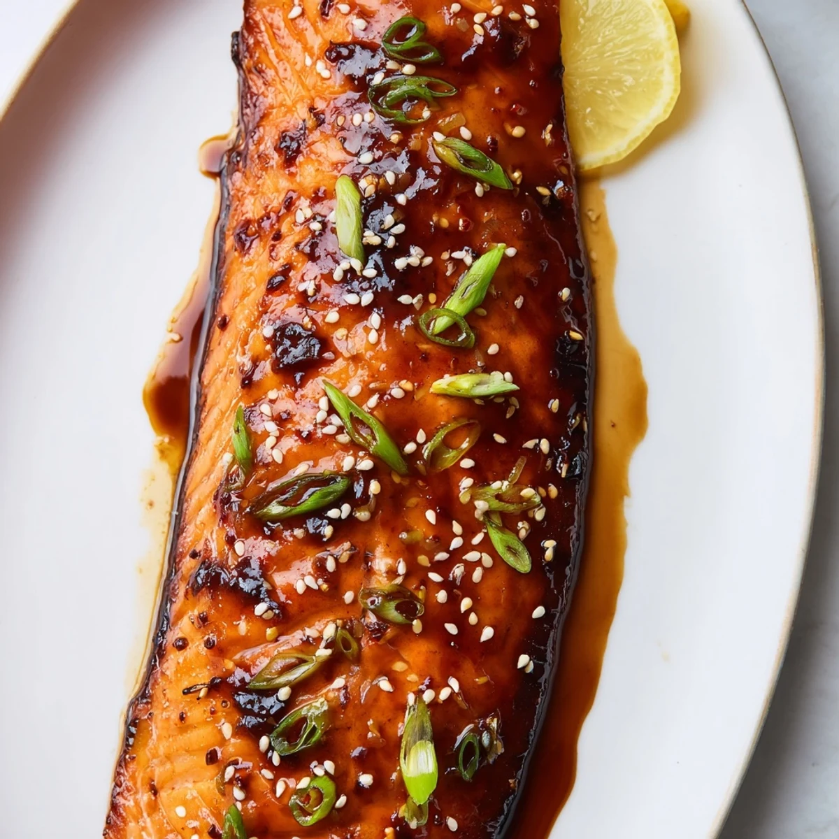 Golden glazed gluten free teriyaki salmon fillet topped with sesame seeds and scallions on a white plate