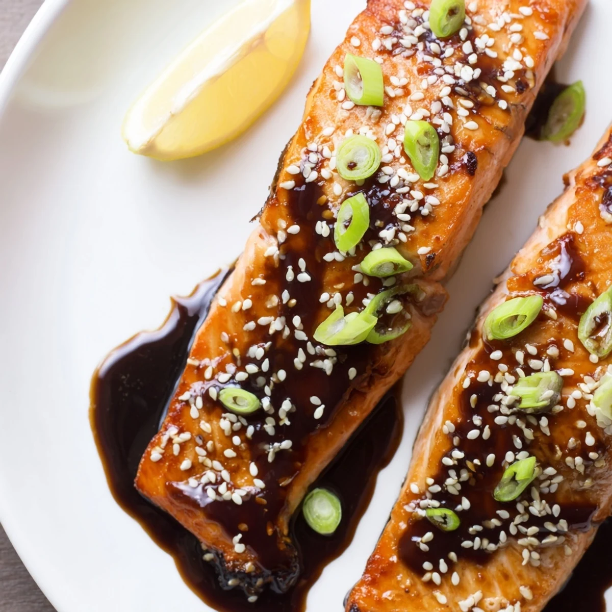 Oven-baked gluten free teriyaki salmon with a thick caramelized sauce, garnished with green onions and lemon wedges