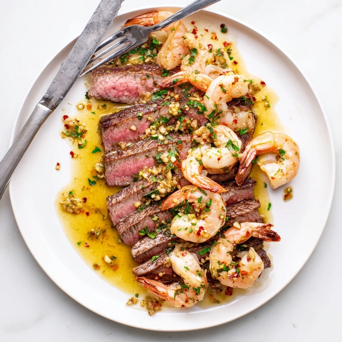 Perfectly seared steak and garlic butter shrimp plated on a white dish with fresh parsley