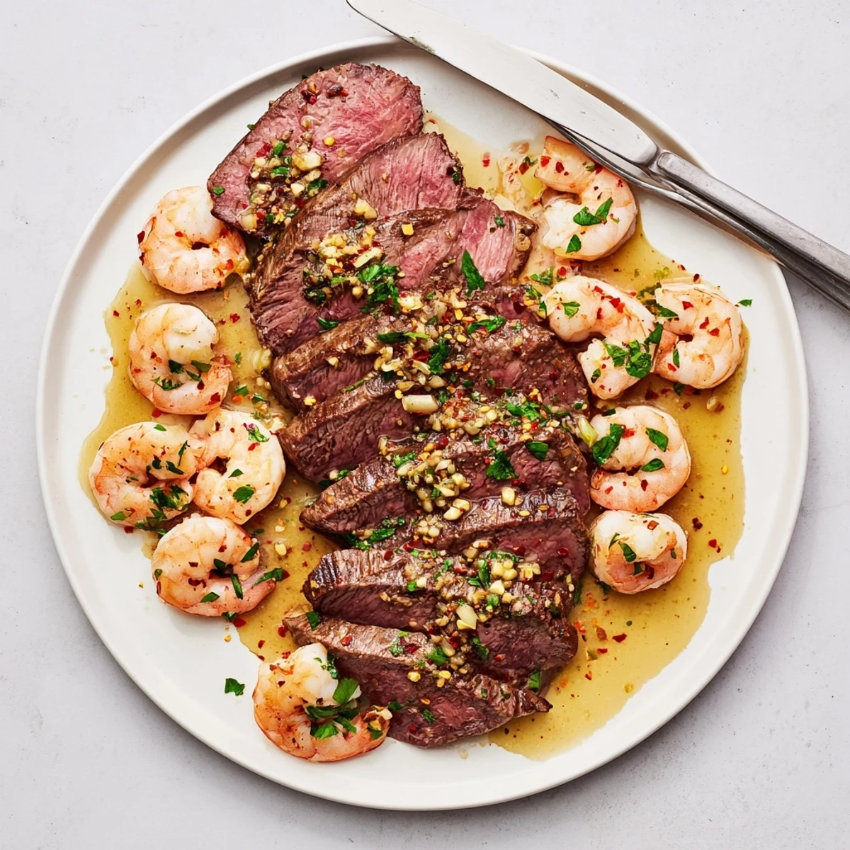 Juicy ribeye steak alongside garlic butter shrimp glistening in a golden lemon herb sauce