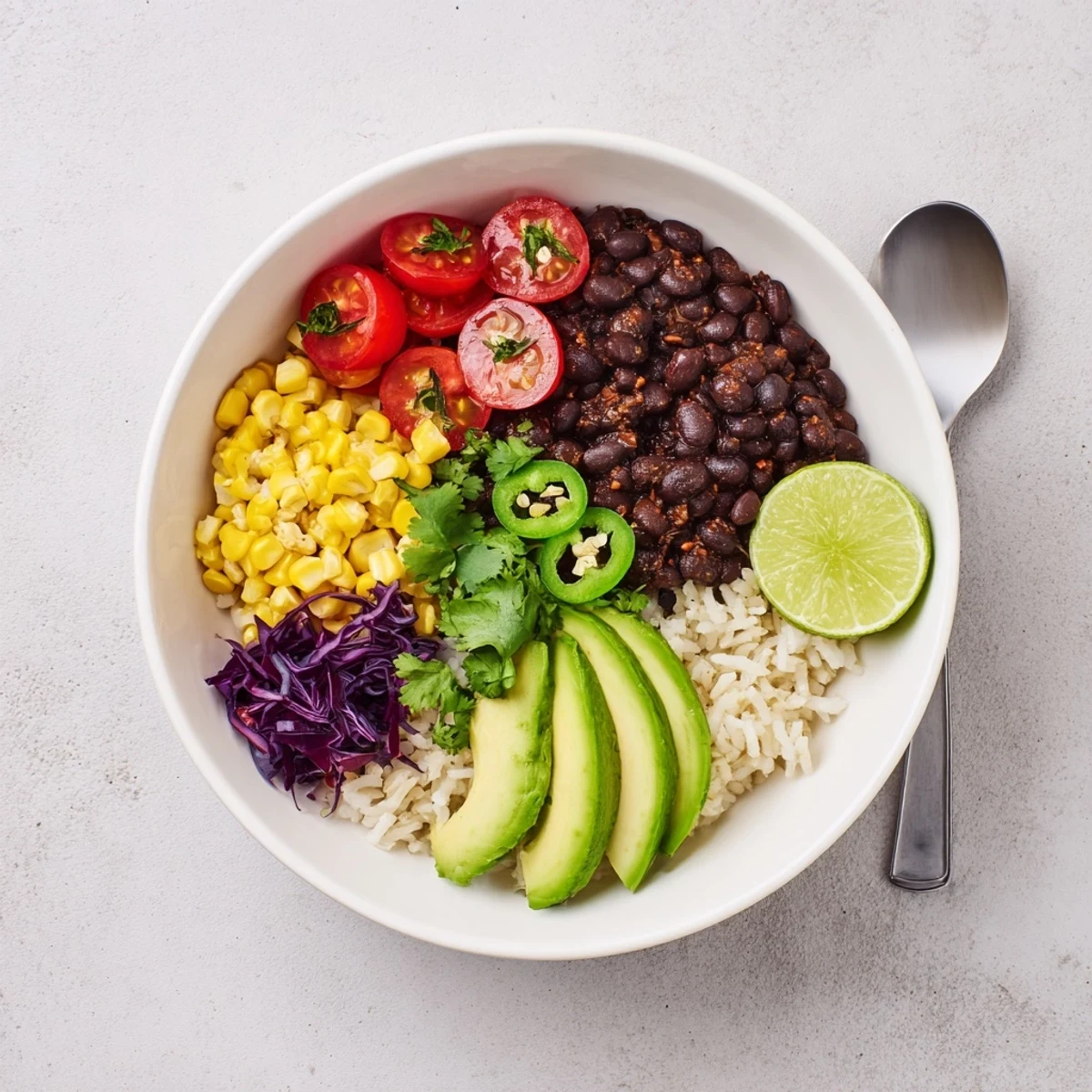 Hearty black bean and rice bowl topped with avocado, tomatoes, and fresh cilantro
