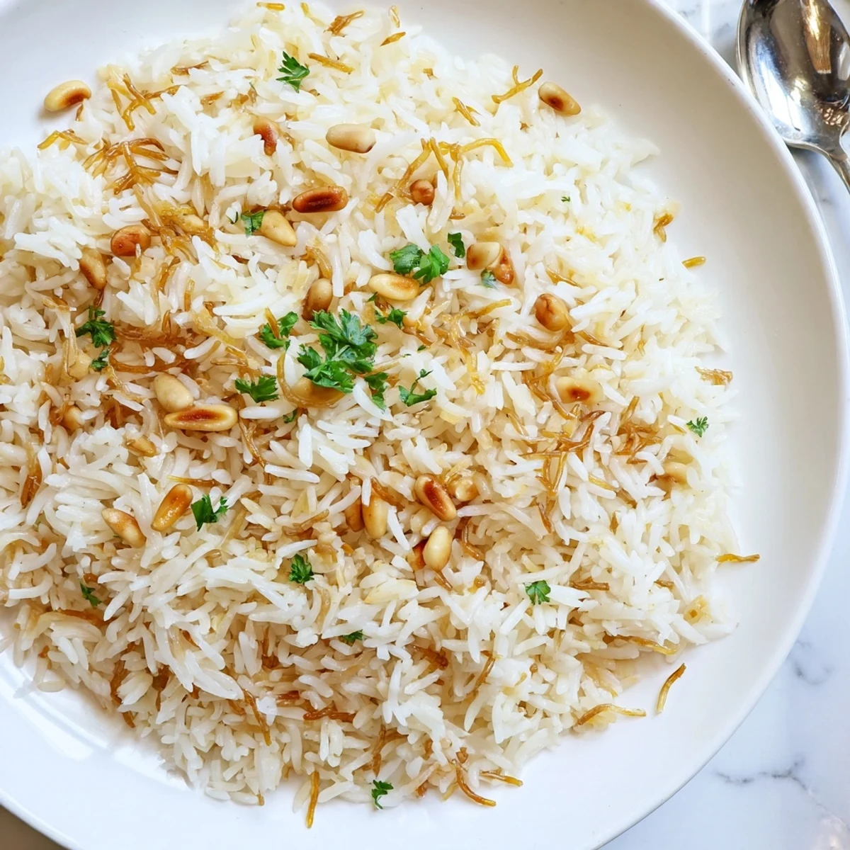 Fluffy Lebanese Rice with golden toasted vermicelli noodles served in a bowl