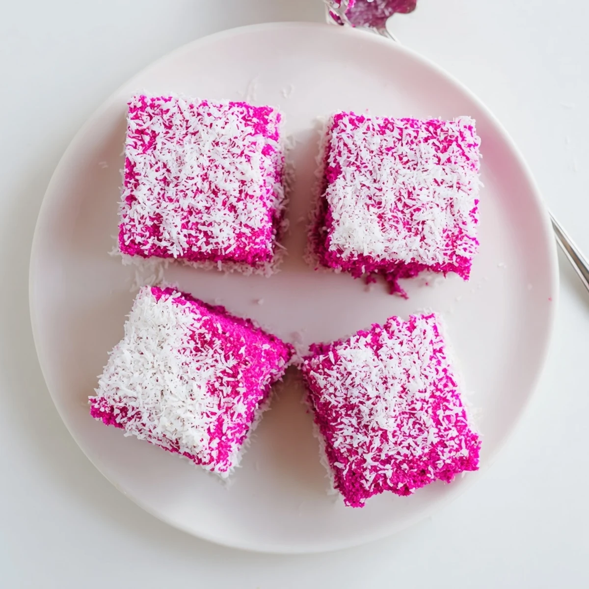 Raspberry Lamingtons coated in shredded coconut on a white wire rack