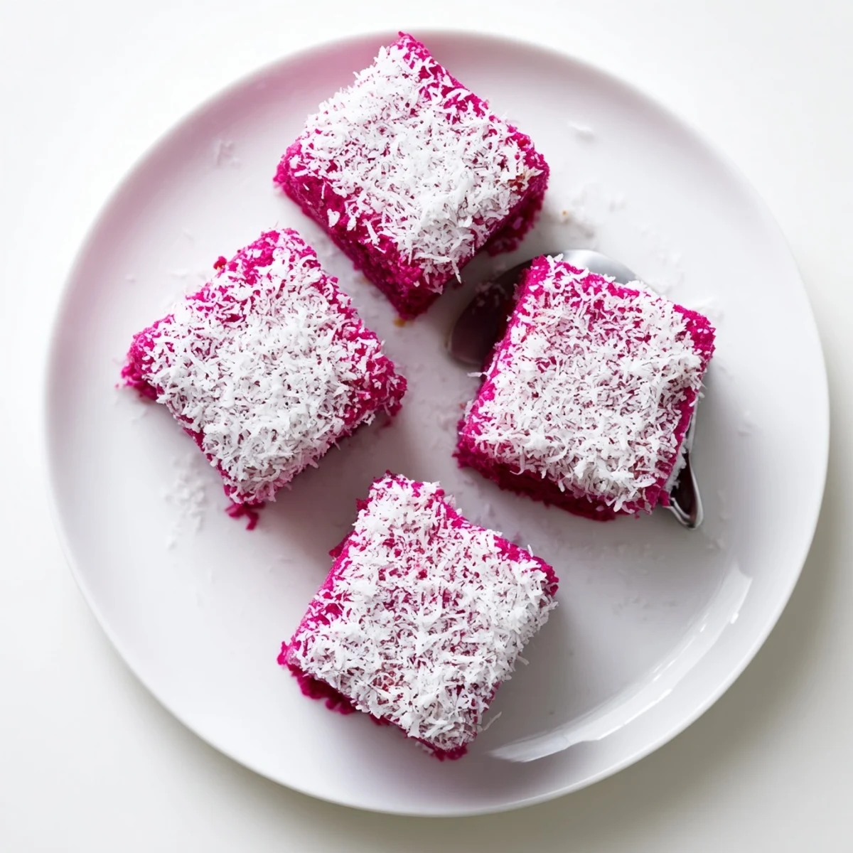 Pink raspberry icing drips over fluffy sponge cake squares dusted with coconut
